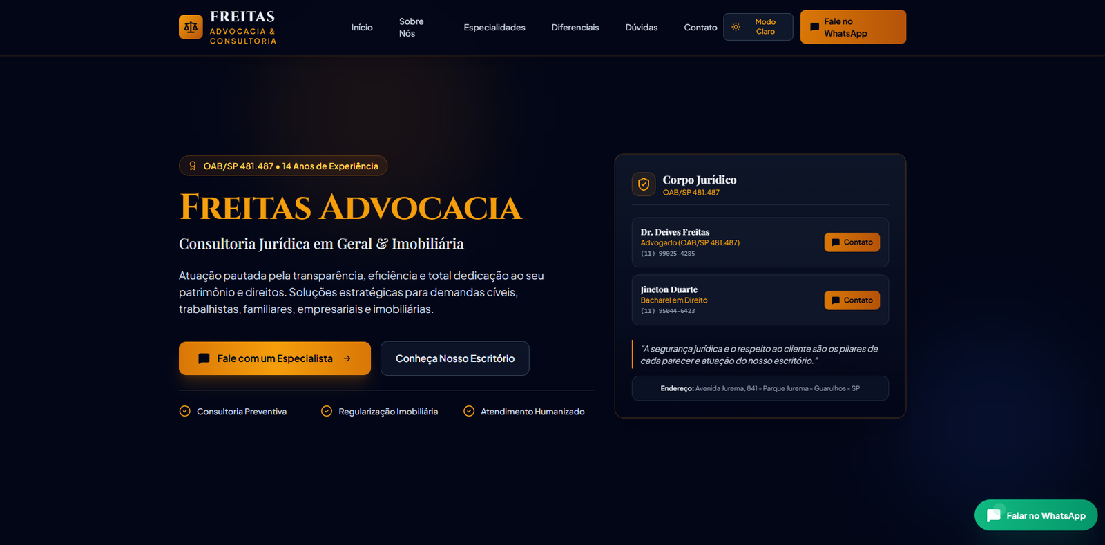 Captura de tela do projeto Freitas Advocacia